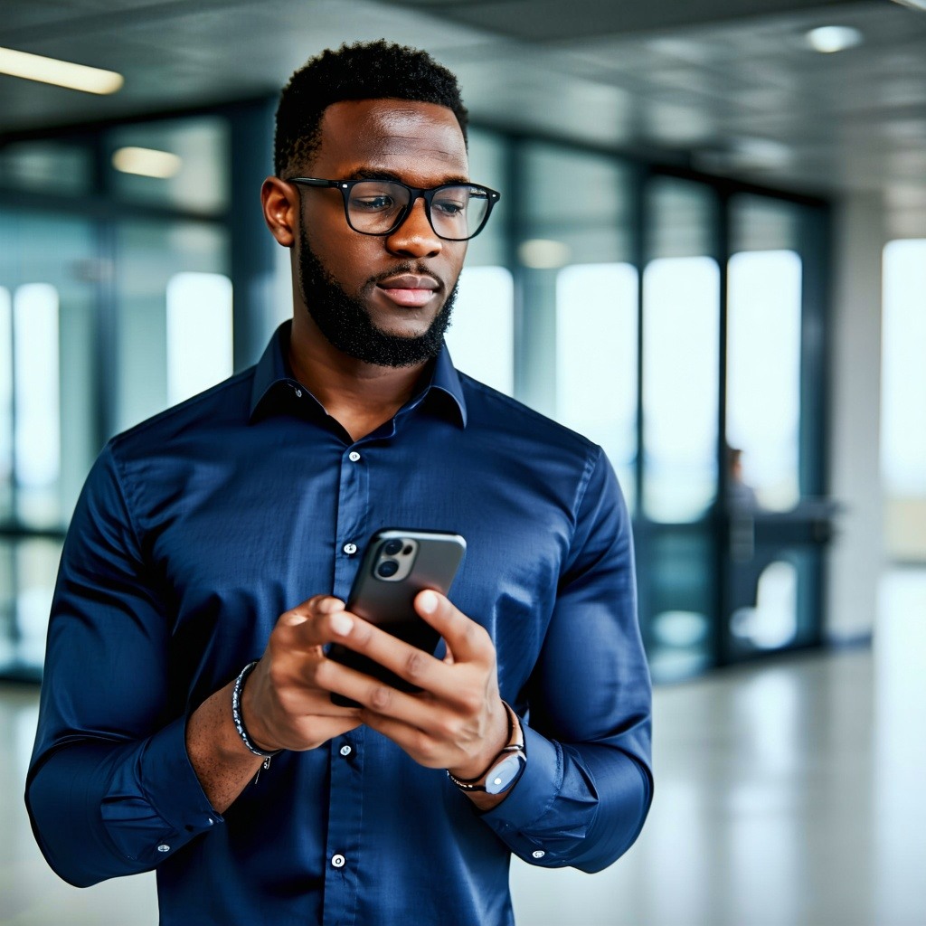 Essential Safety Measures Auditor dressed in a navy shirt in a building using a phone to audit on