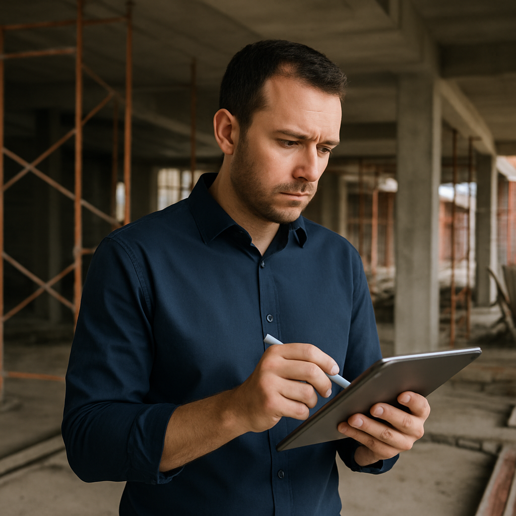 The image a photo should represent a professional auditor dressed in a Navy blue shirt with no other safety equipment auditing a building site using his ipad to write notes-1 The image a photo should represent a professional auditor dressed in a Navy blue shirt with no other safety equipment auditing a building site using his ipad to write notes-1