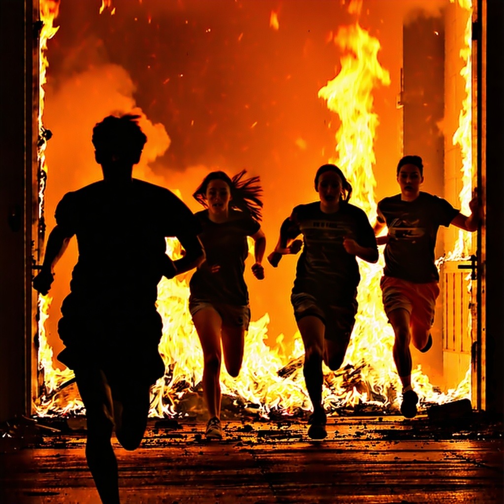 people escaping from a burning building