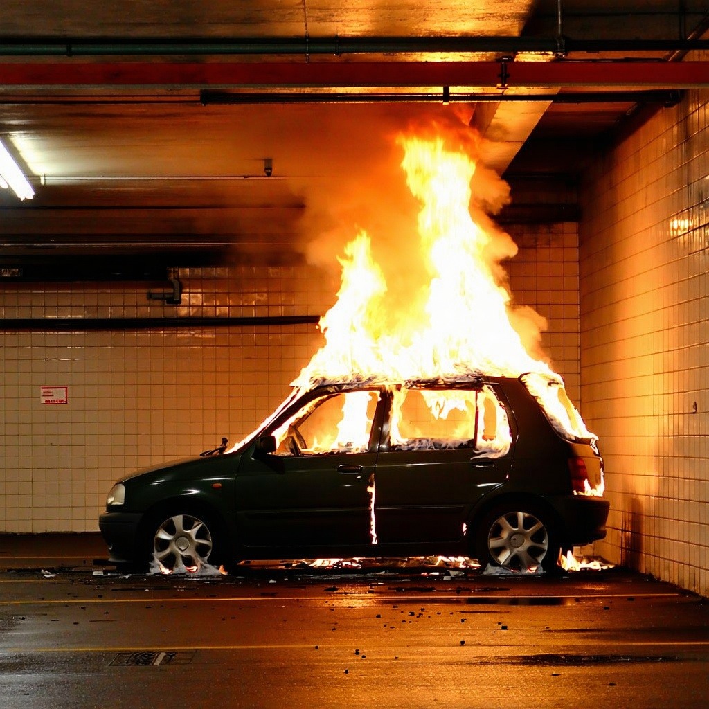 small car fire in an underground apartment carpark